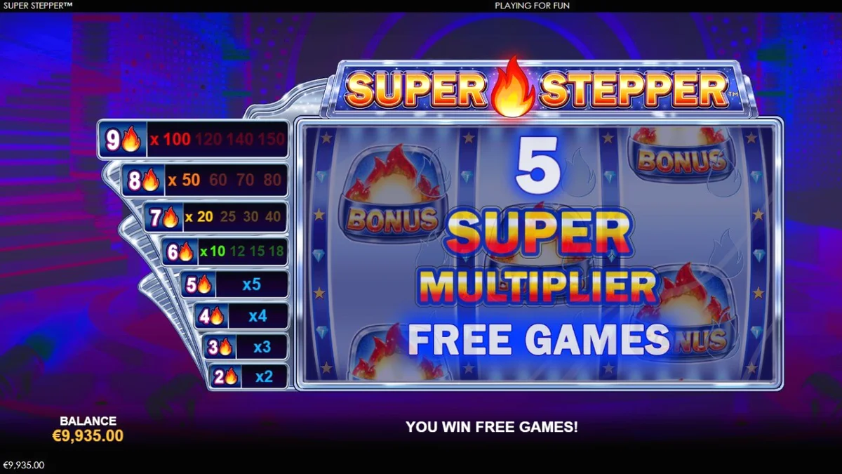 Tampilan layar permainan slot Super Stepper dengan gulungan 3x3, tangga pengganda neon, dan simbol klasik futuristik.