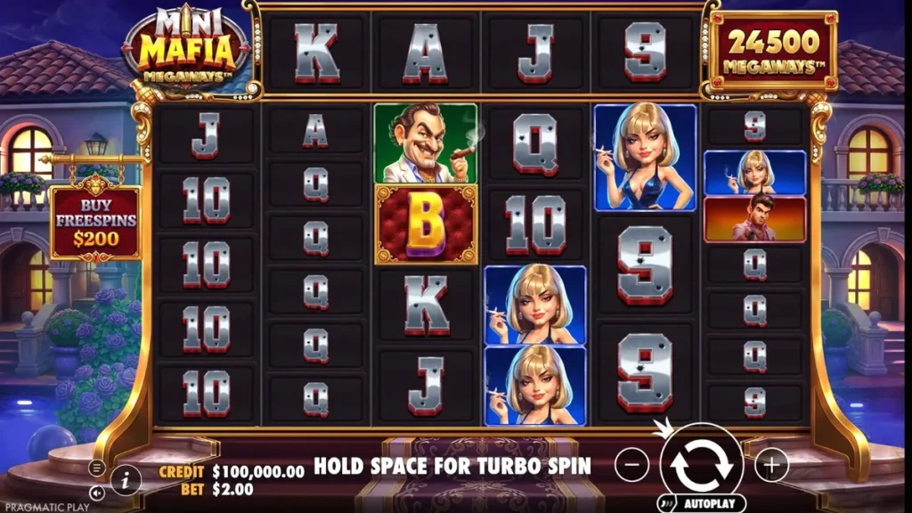 Tampilan visual slot Mini Mafia Megaways dengan tema mansion mafia dan simbol karakter kartun.