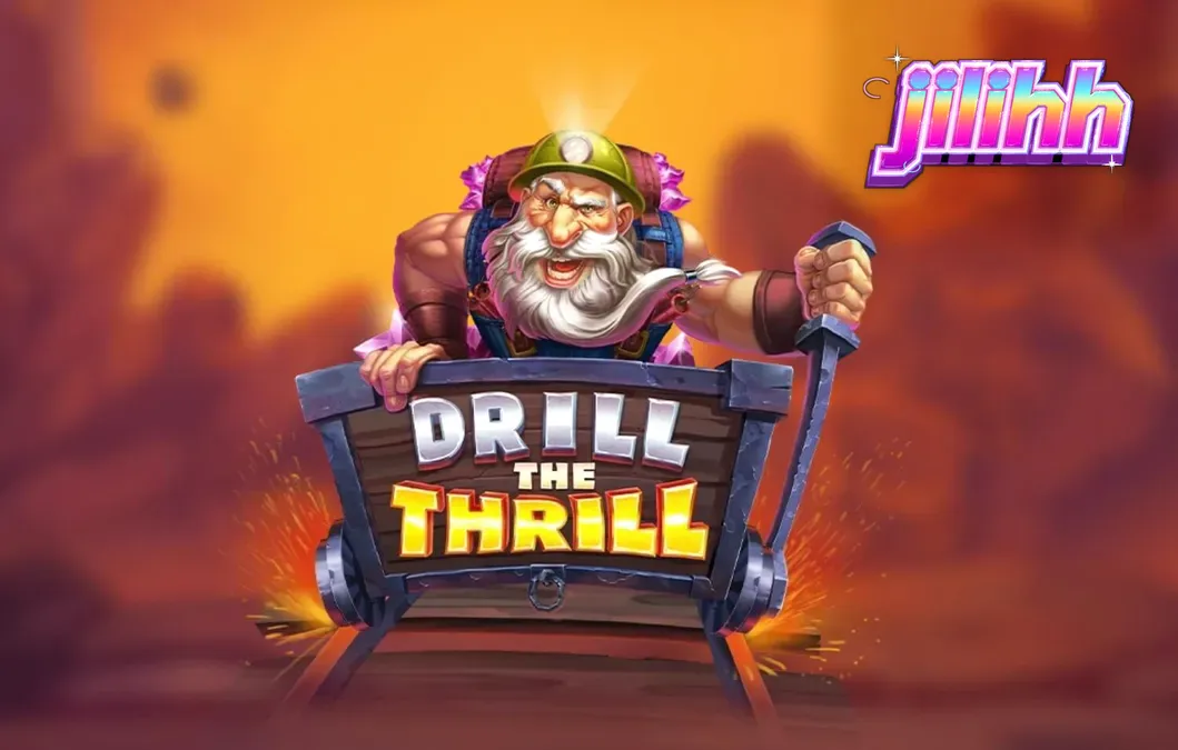 Tampilan visual slot Drill the Thrill dengan latar belakang tambang dan rig pengeboran.