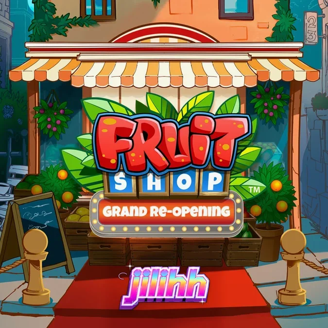Tampilan visual slot Fruit Shop Grand Re-Opening dengan simbol buah yang cerah